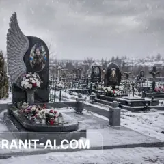 памятник с резным ангелом и керамическим портретом — пример 1, AI-визуализация Granit AI