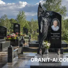 памятник с резным ангелом и керамическим портретом — пример 3, AI-визуализация Granit AI
