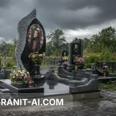 памятник с резным ангелом и керамическим портретом — пример 4, AI-визуализация Granit AI