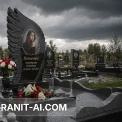 памятник с резным ангелом и керамическим портретом — пример 9, AI-визуализация Granit AI